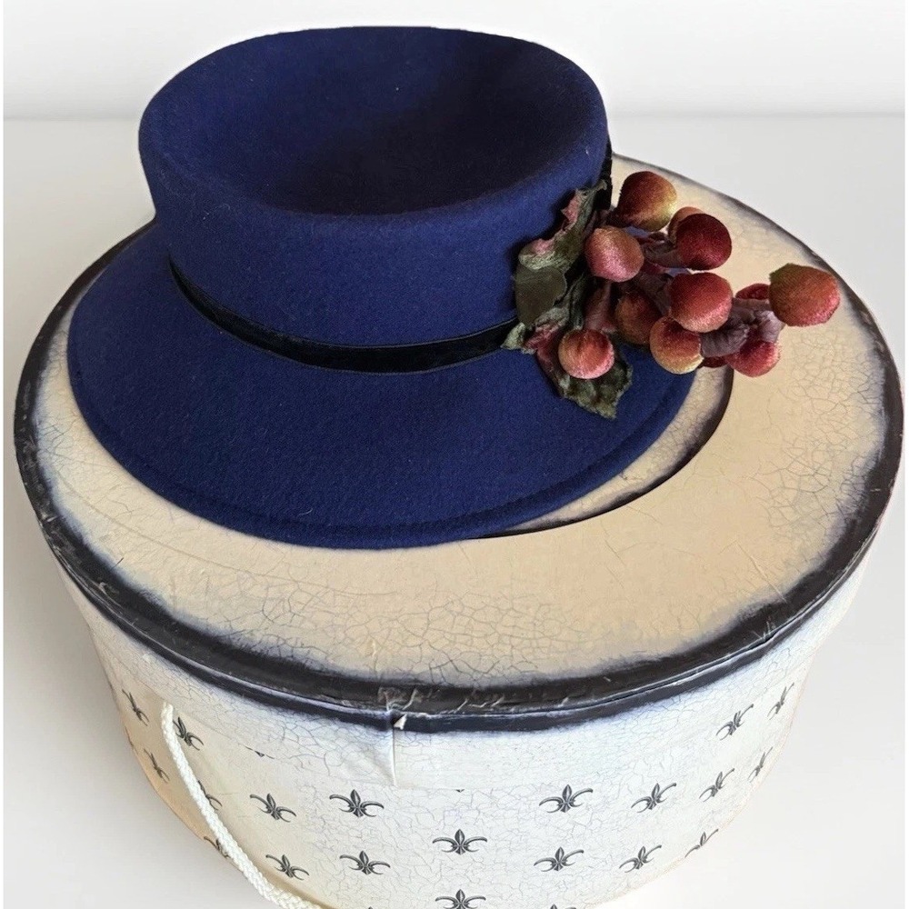 Vintage Georgi Navy Blue Wool Felt Boater Pork Pie Hat with Ribbon & Berries